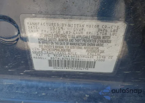2019 Nissan Versa 1.6 Sv z USA, uszkodzony, nr VIN 3N1CN7AP9KL856795